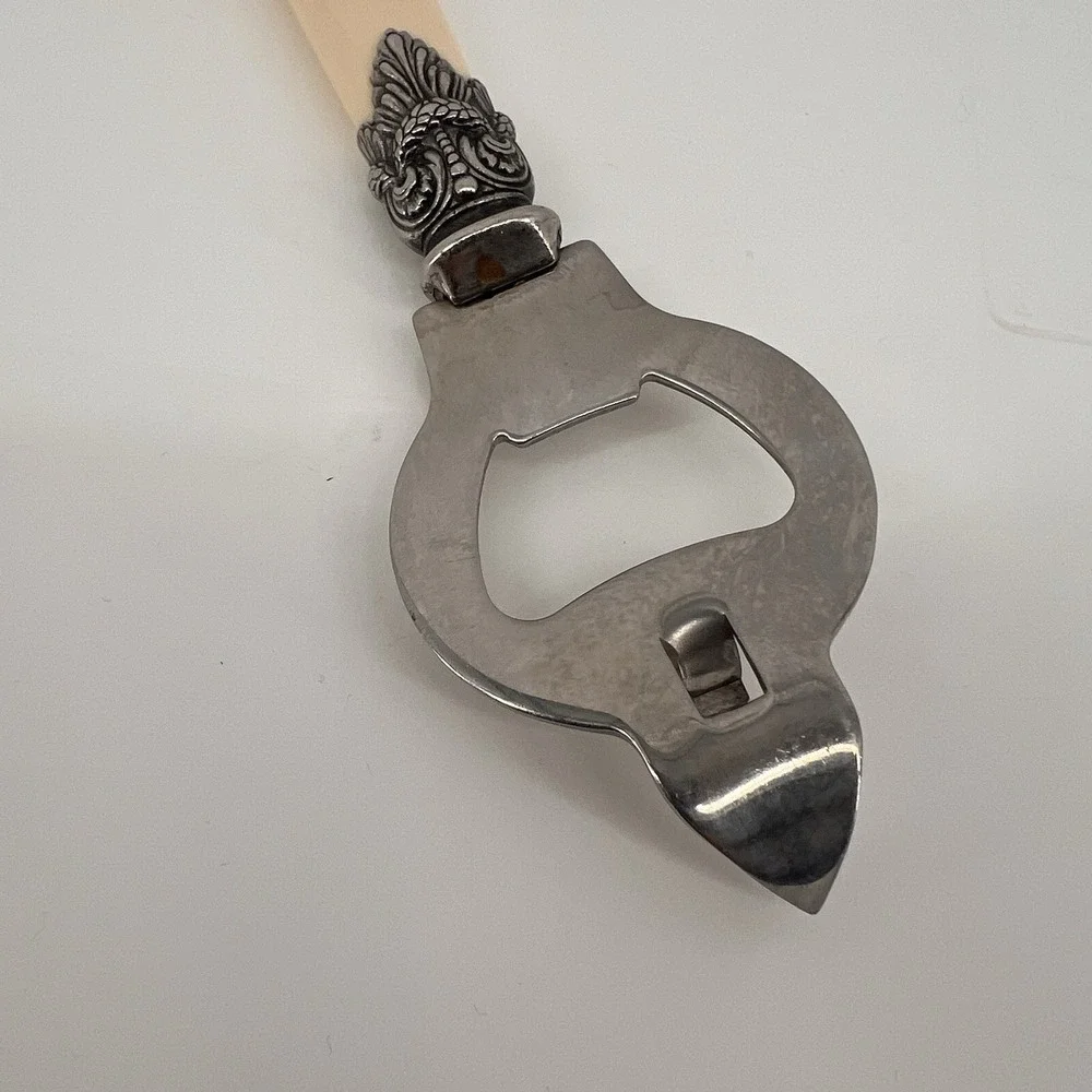 Vintage INOX 18/10 Bottle Opener Ornate Metal Cream‎ Handle Barware Bar